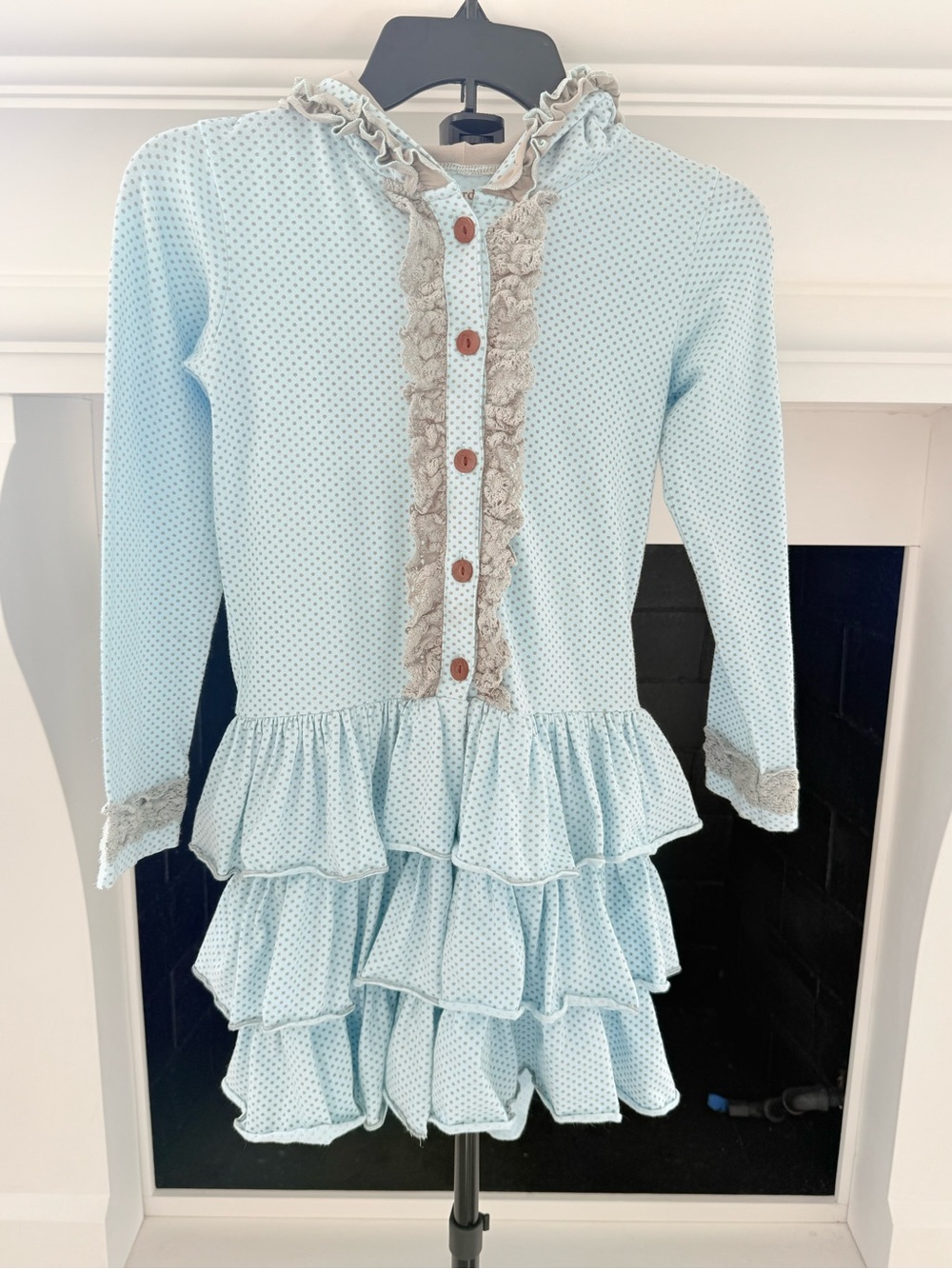 Mustard Pie Light Blue Ruffle Dress Jacket with Taupe Trim- Girls 10